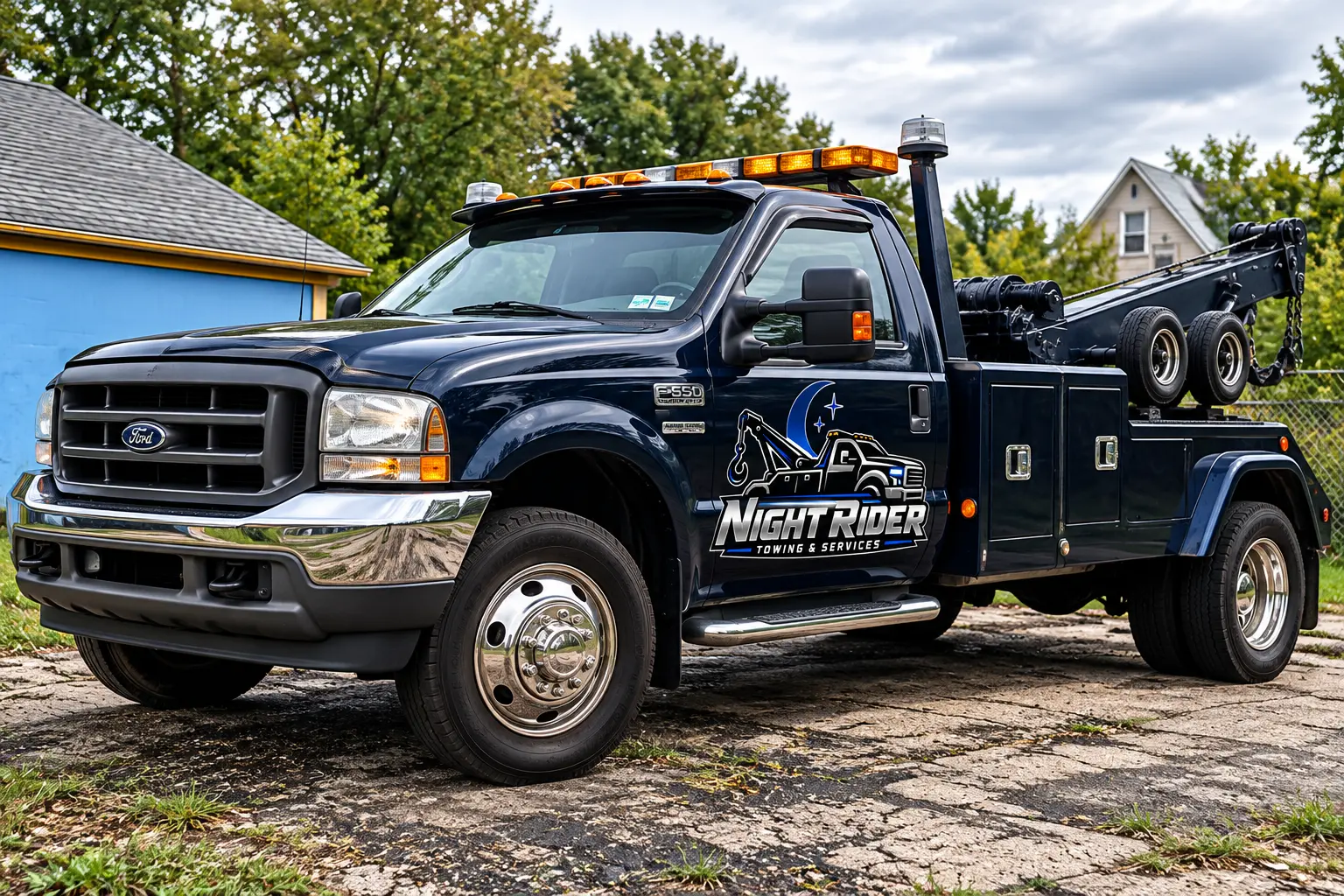 Night Rider tow truck parked and ready for service