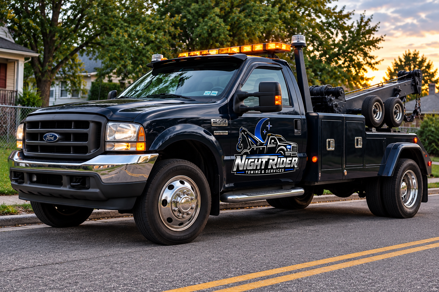 Night Rider tow truck on a residential street